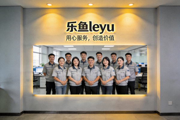 乐鱼leyu品牌文化墙展示，包含用心服务标语与团队合影